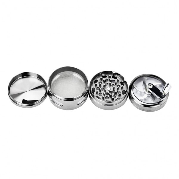 Kovová drtička s klikou - Stříbrná - 4 části - 60 mm