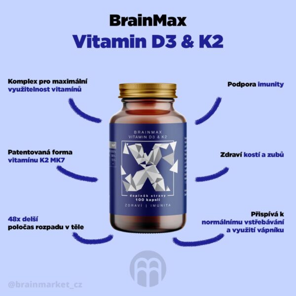 Vitamin D3 & K2 | D3 5000 IU / K2 150 mcg BrainMax | 100 rostlinných kapslí